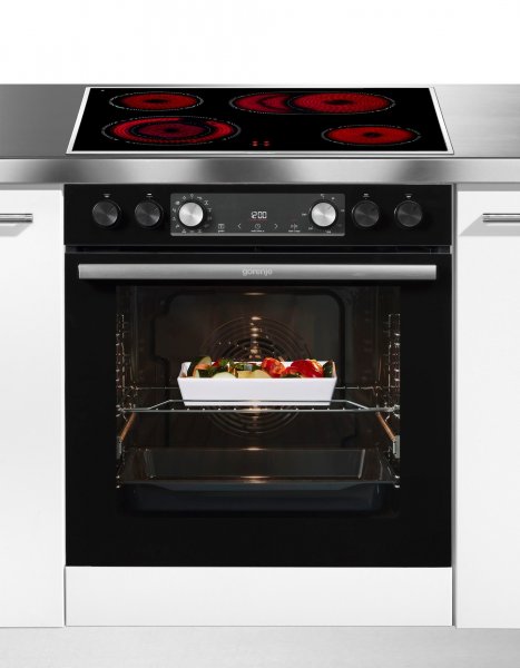 GORENJE Black Set 4 Heissluft Einbauherdset (EEK A, Schwarz, 11 Beheizungsarten, Heißluft mit Dampf, IconLed Timer, AquaClean, EcoClean-Emaille, 1fach Teleskopauszug, Glaskeramik-Kochfeld 60 cm, 4 Kochzonen, Zweikreis-Kochzone, Bräterzone, Edelstahlrahmen