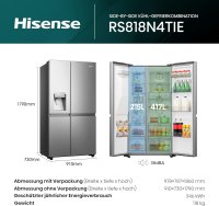 Hisense Side-by-Side RS818N4TIE, EEK: E, No Frost – nie wieder abtauen, LED-Display, Eis- und Wasserspender - kein Festwasseranschluss nötig