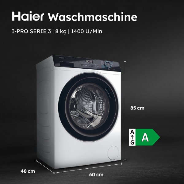 Haier HW81-NBP14939 Waschmaschine Frontlader, I-Pro Serie 3 Waschmaschine Frontlader 8 kg 1400 U/min Schwarz, Weiß